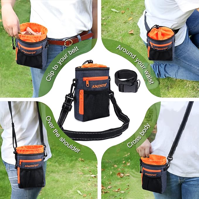 AMZNOVA Dog Treat Bag Treatkit Dog Treat Pouch, Waist Clip On Crossbody Fanny Pack for Pet, Training Pouch with Shoulder Strap & Waist Belt for Walking & Training, 6Cups, Heather Navy