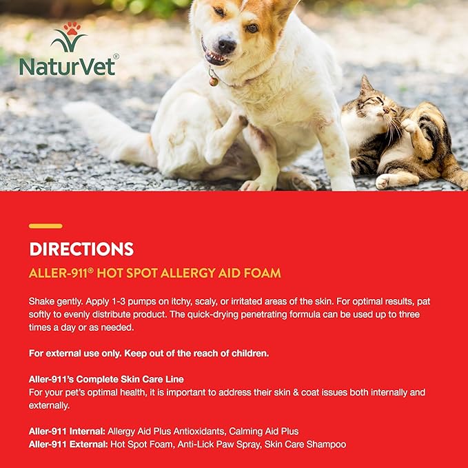 NaturVet Aller-911 Hot Spot Allergy Aid Foam Pet Supplement Plus Aloe Vera – Helps to Relieve Irritated, Itchy Skin for Cats, Dogs – Helps Deter Gnawing, Chewing – Quick Drying – 8 Oz.