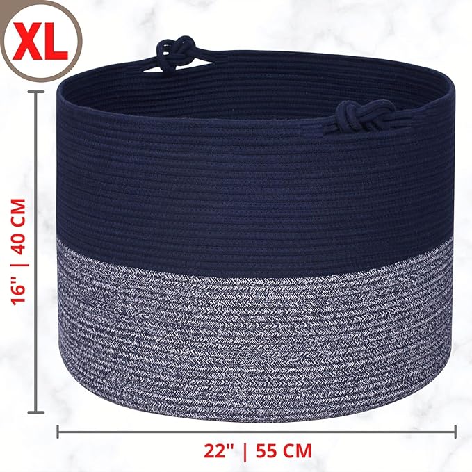 MINTWOOD Design Extra Large 22 x 16in Decorative Woven Cotton Rope Blanket Storage Basket Bin Living Room with Handles and Laundry Hamper for Pillows, Pool Towels, Dog Toys, Shoes, Navy Blue