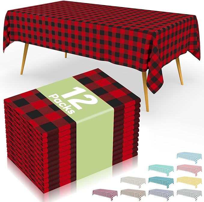 Smiry 12 Packs Gingham Disposable Table Cloth, 54 x 108 Inch Waterproof Plastic Tablecloth, Rectangle Black and Red Checkered Table Covers for Picnic, Birthday, Party
