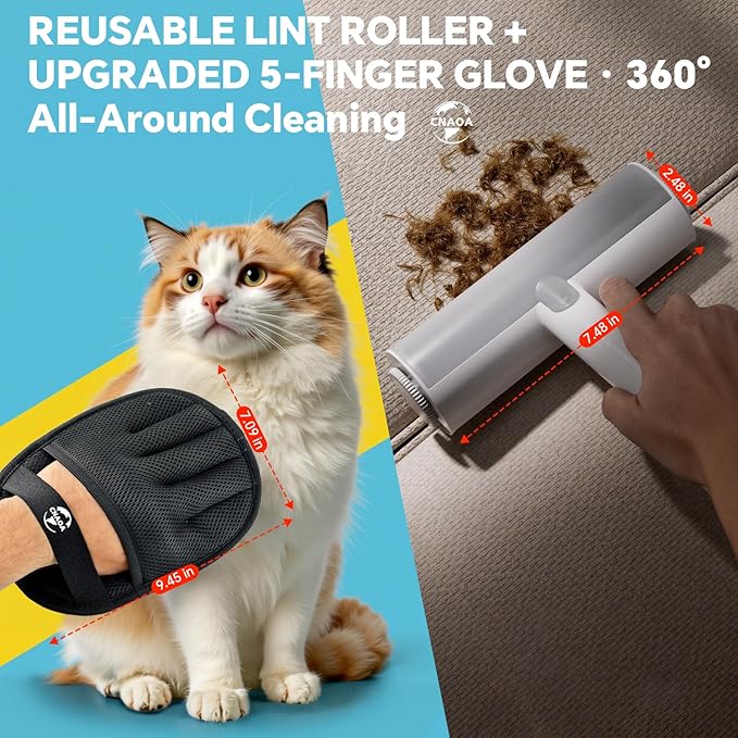 Upgraded Pet Hair Removal Set, Reusable Lint Roller & Electrostatic Grooming Gloves, Pet Hair Removal Tool for Cats & Dogs, Fur Remover for Couch, Carpet, Furniture, Clothes, and Car Seats-White