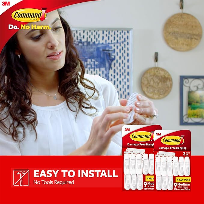 Command Medium Utility Wall Hooks with Adhesive Strips, No Tools Required for Hanging Organizational Items in Living Spaces, 18 White Hooks and 24 Strips