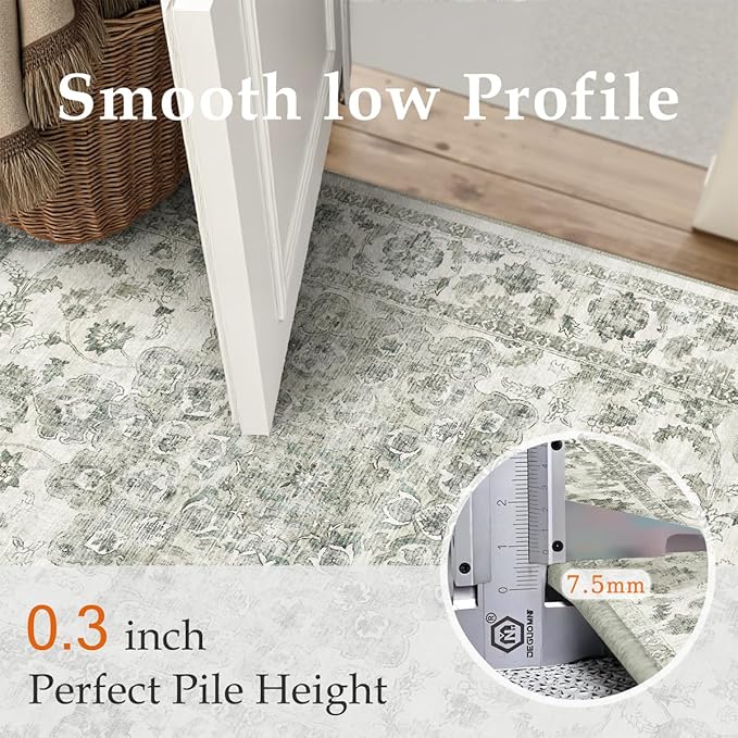 2x5 Washable Neutral Runner Rug Green Vintage Hallway Kitchen Carpet Non-Slip Soft Low Pile Farmhouse Throw Rug for Bedroom Bathroom Laundry Living Room