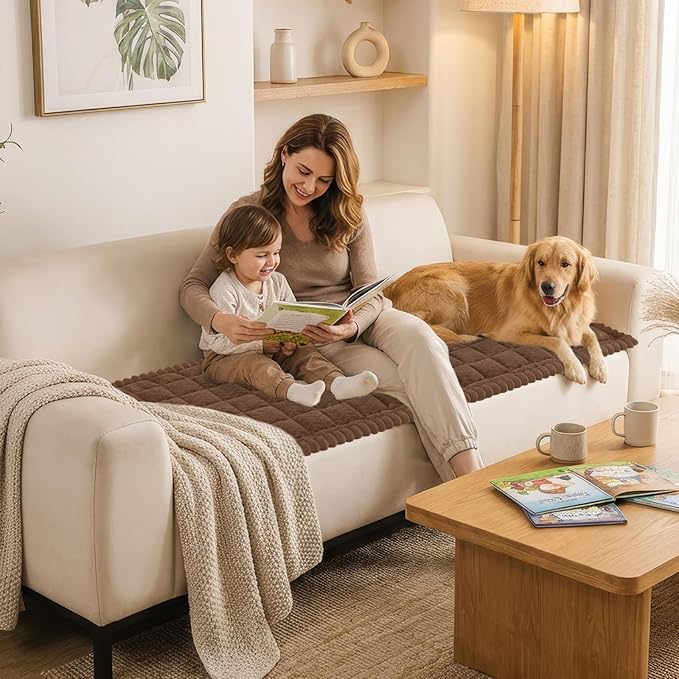 Smiry Non Slip Couch Covers for Dogs, Fuzzy Pet Couch Covers for 2-3 Cushion Sofa Pet Friendly, Soft Sofa Slipcovers Cushion Furniture Protector Washable (Brown, 35.4" x 63")