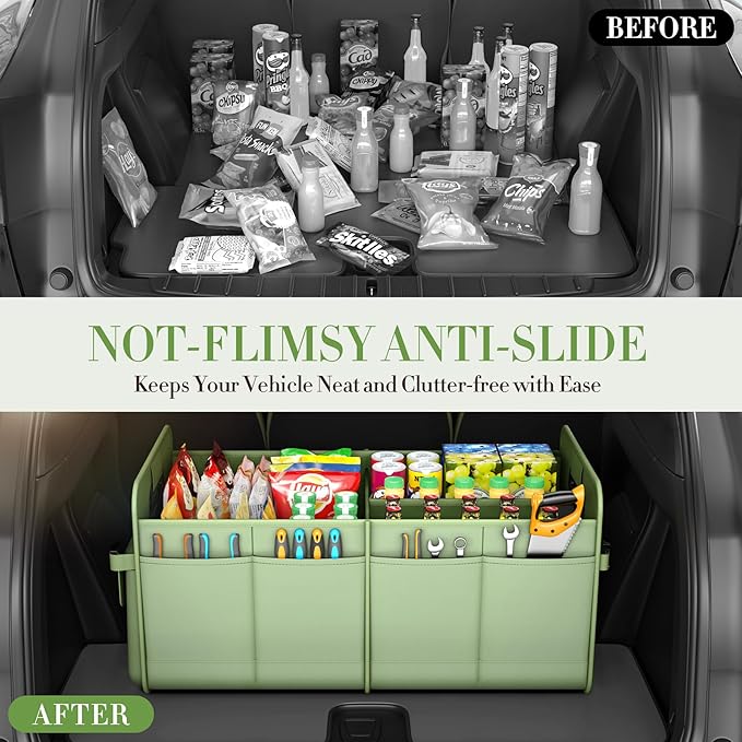 Trunk Organizer For Suv & Sedan,Car Organizers and Storage, Waterproof Collapsible & Adjustable Straps,70L Sturdy Car Organization for Car Accessories, Tools,Sundries,2-3Compartment（Green