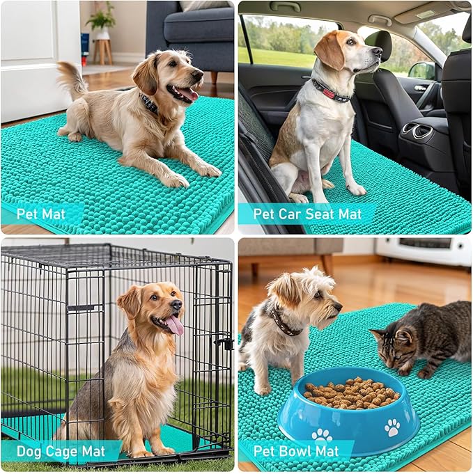 OLANLY Dog Door Mat for Muddy Paws 54x24, Absorbs Moisture and Dirt, Absorbent Non-Slip Washable Doormat, Quick Dry Chenille Mud Mat for Dogs, Entry Indoor Entryway Carpet for Inside Floor, Teal