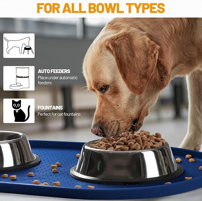 Hubulk 100% Waterproof Silicone Pet Feeding Mat with Raised Edge for Food and Water, Dog Bowl Mats, Cat Bowls Placemat with High Lip Protects Floor for Cats and Dogs (Navy Blue, 16" L x 10" W)