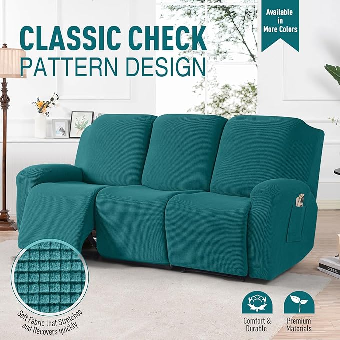 TAOCOCO Recliner Sofa Covers 8-Pieces Stretch Large Couch Covers for 3 Seats Reclining Slipcovers Soft Jacquard Pattern Furniture Protector (Peacock Blue)