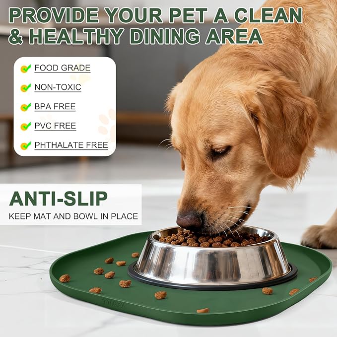Small Silicone Pet Food Mat with Raised Edge for Food and Water Bowl, Square Dog Feeding Mats, Cat Food Trays for Floor Waterproof, Rubber Tray for Dogs and Cats, 12 x 12 x 0.7 Dark Olive