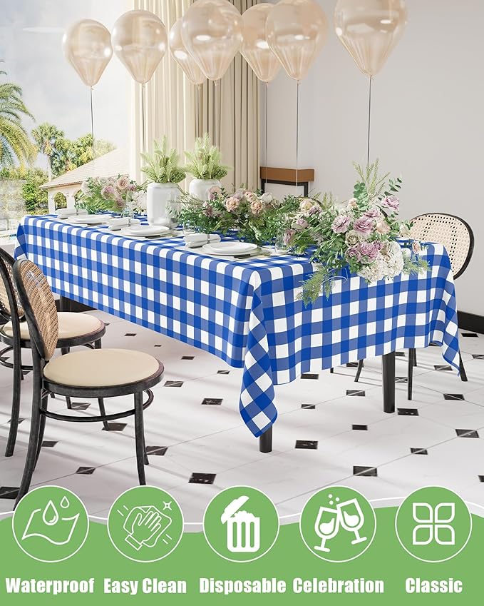Smiry 12 Packs Gingham Disposable Table Cloth, 54 x 108 Inch Waterproof Plastic Tablecloth, Rectangle Blue and White Checkered Table Covers for Picnic, Birthday, Party