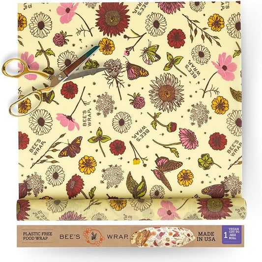 Bee's Wrap Vegan Beeswax Wraps for Food - Cut to Size 14x52" Wax Paper Roll, Made in USA Reusable Waxed Paper & Bowl Covers, Organic Eco-Friendly Alternative to Aluminum Foil, Meadow Magic