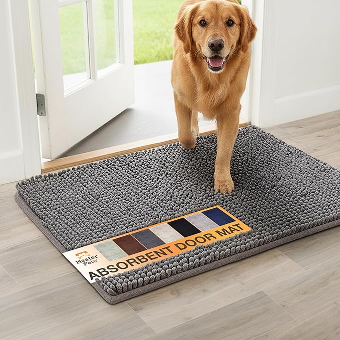 Neater Pets Chenille Dog Door Mat 30” x 20” – Super Absorbent & Quick-Dry Muddy Paws Doormat for Trapping Dirt, Water, Mud - Non-Slip & Machine Washable Pet Rugs for Entryway, Indoor Mud Mats Charcoal