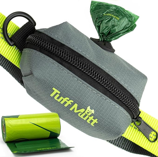 Tuff Mutt Dog Poop Bag Holder with Velcro Attachment - Durable Fabric Poop Bag Dispenser for Leashes - Includes Starter Roll for Easy Cleanup