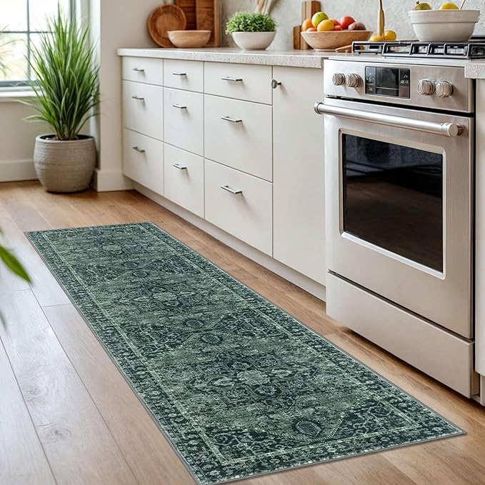 KOZYFLY Runners for Hallways 2x7 Ft Washable Kitchen Runner Rug Boho Runner Rug for Entryway Indoor Printed Faux Wool Long Floor Carpet Runner for Bedroom Laundry Kitchen Hallway, Dark Green