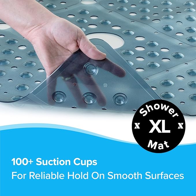 SlipX Solutions 27" Oversize Square Shower Mat, Non-Slip Mat for Elderly & Kids, 100+ Power Grip Suction Cups for Smooth Surfaces, Machine Washable, Dusty Blue