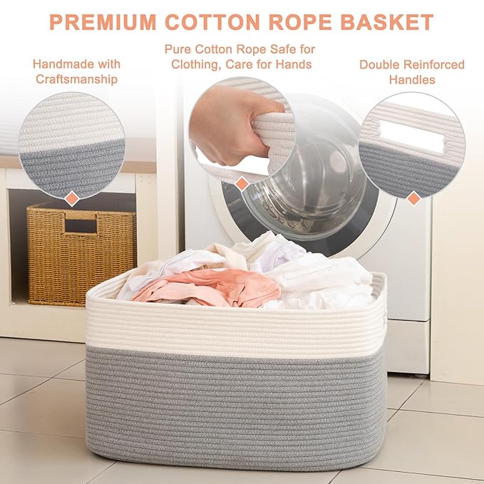 SIXDOVE 75L Large Blanket Basket, Toy Basket Bin for Kids, Cotton Rope Woven Storage Baskets for Living Room, Bedroom, Nursery, Baby Room Decorative Organizer, 22''×17''×12'', Grey and White