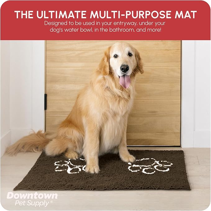 My Doggy Place Microfiber Dog Mat for Muddy Paws, 36" x 26" Brown with Paw Print - Absorbent and Quick-Drying Dog Paw Cleaning Mat, Washer and Dryer Safe - Non-Slip Rubber Backed Pet Mat, Large
