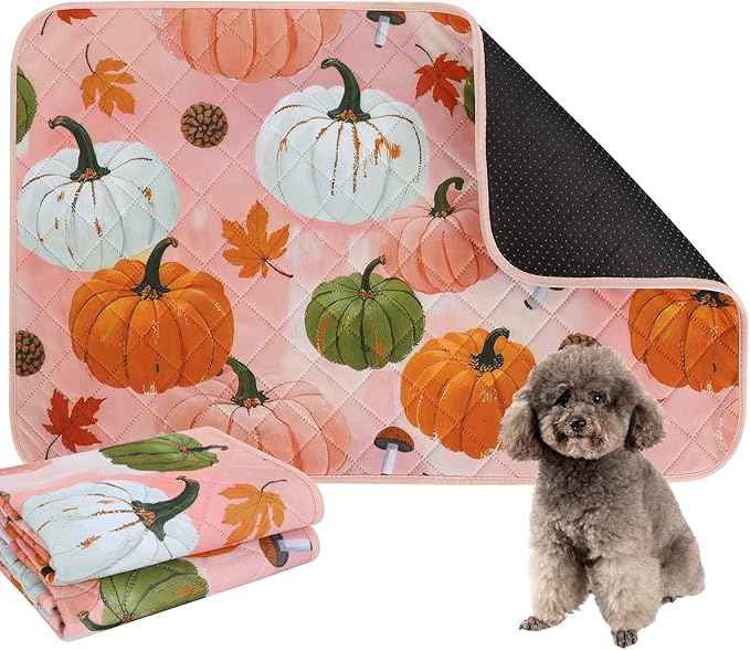 IEUUMLER Washable Pee Pads for Dogs, 2 Pack Pumpkin Pattern Reusable Waterproof Puppy Potty Pads, Non-Slip Absorbent Pet Training Pads for Playpen Crate Bed EU016 Pink Pumpkin, 24x24
