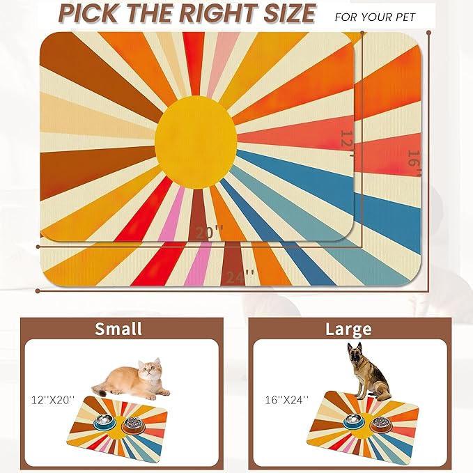 Retro 70s Rainbow Sunrise Swirl Dog Cat Food Mat,Absorbent Pet Feeding Mat for Food and Water, Non-Slip Dog Bowl Mats Floor Protector 16"x24"