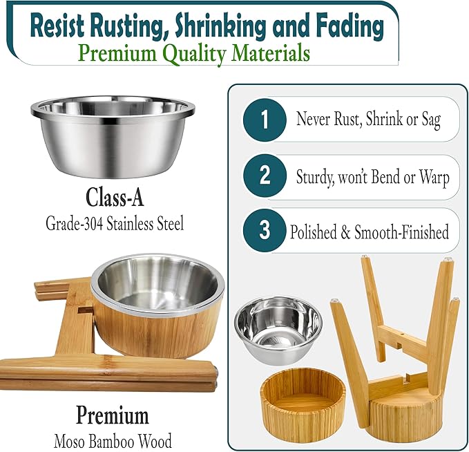 Elevated Dog Bowls for Large Breed - (15-Inch High) Raised Bamboo Holder with Stainless Dish - Suitable for Dry and Wet Pet Food - Tall Stand, Deter Ants/Bugs
