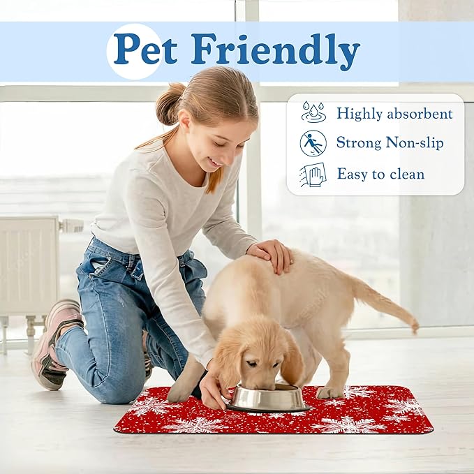 Chirtsmas Snow Flower Pet Food Mat for Cats and Dogs–Absorbent Quick Dry Feeding Placemat, Non Slip Rubber Base, Waterproof Bowl Mat for Indoor Use, Pet Supplies 12"x20"