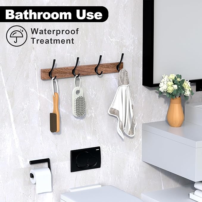 IURRDOP 17 Inch Walnut Wood Wall Mounted Coat Rack with 4 Black Double Hooks, Adhesive Mounted Entryway Hooks, Modern Natural Wooden Pegs for Hanging Coat Clothes Hat Bag Purse Key and Towel