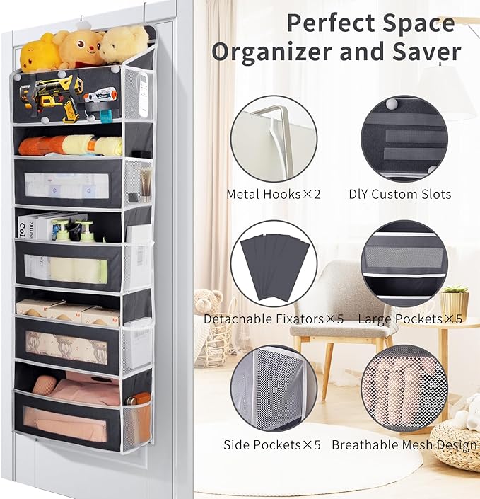 5-Tier Over the Door Storage Organizer with 5 Side Mesh Pockets, 40lbs Large Load Capacity with 2 Hooks Design, Door Hanging Organizer with Clear Windows for Closet Bathroom Bedroom Nursery - Grey