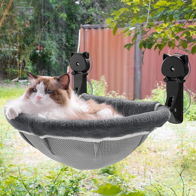 JUNSPOW Cat Window Perch Cordless, Foldable & Stable Cat Beds- Breathable Cat Window Hammock for Overlooking, Sunbathing and Climbing - Maximum Hold Up to 40lb