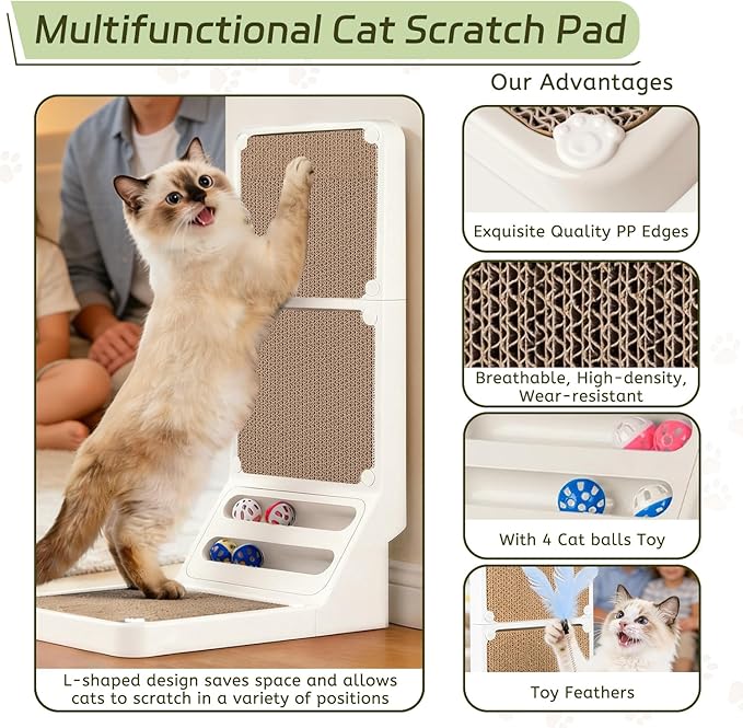 Cat Scratcher Cat Scratch Pad L Shape Wall Mounted Dual Use (Vert/Horiz) Kitten Bunifa Scratching Card Board Vertical Post with Ball Toys Feathers,Protecting Furniture Core is Replaceable Large White