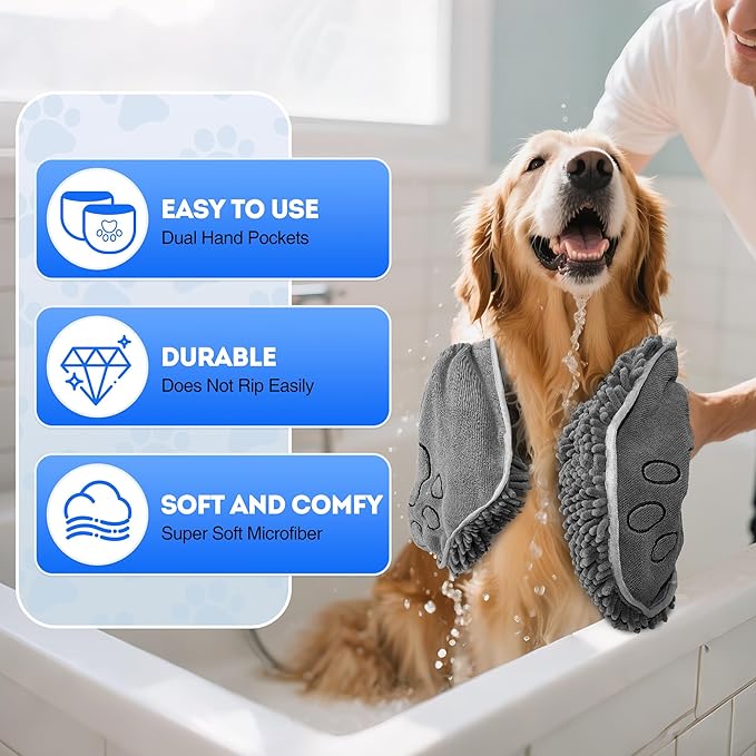 Super Absorbent Dog Towel with Hand Pockets, Fast Drying Microfiber Pet Towel for Bath, Beach & Rain, Machine Washable, 32"x14", Grey