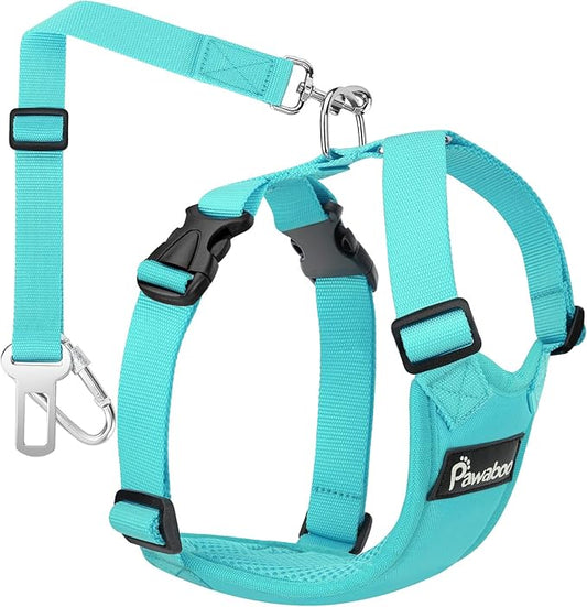 Pawaboo Adjustable Dog Safety Vest Harness with Seatbelt, Dog Seat Belt Harness for Car, Breathable Dog Seatbelt Safety Tether, XL, Blue