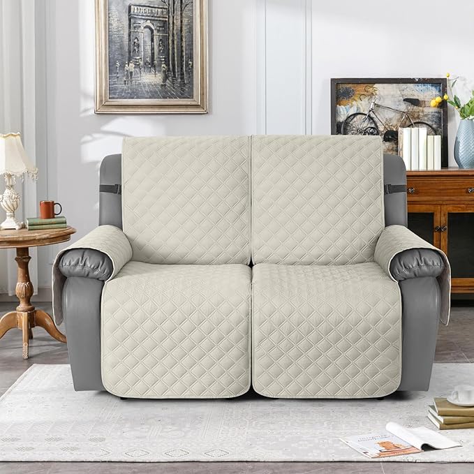 TAOCOCO 100% Waterproof Recliner Couch Covers, Recliner Sofa Covers with Leg Straps, 1-Piece Washable Reclining Sofa Cover with Pocket Couch Protector for Pets Kids(2 Seater, Ivory)