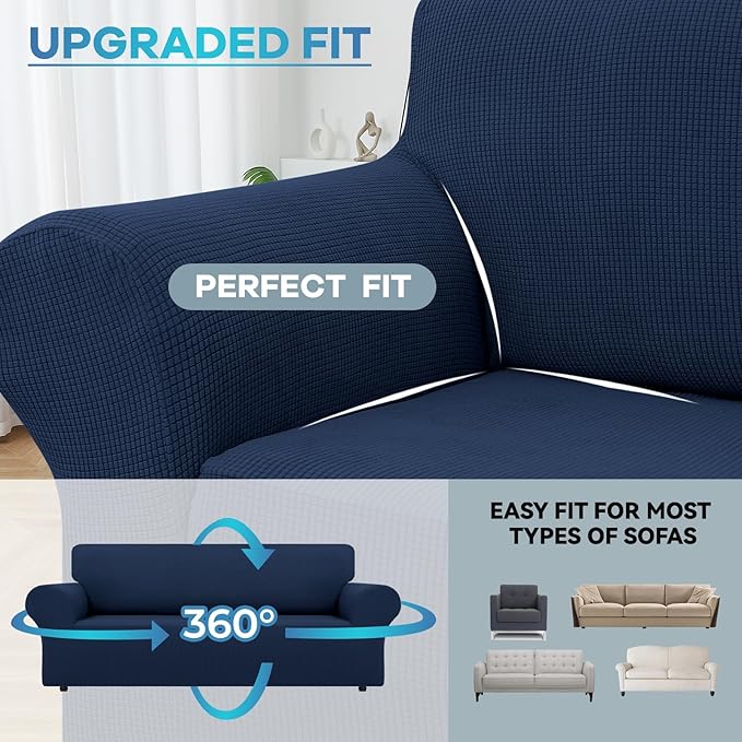 LURKA Stretch Sofa Slipcovers 1 Piece Couch Covers for 3 Cushion Couch Sofa Furniture Protector Full Sofa Covers with Elastic Bottom for Kids and Dog (Large, Navy)