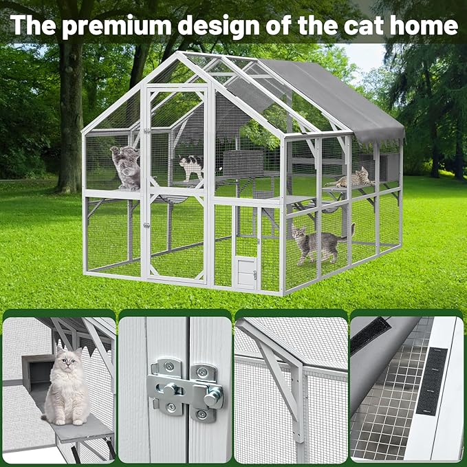 LOVMOR 110" Large Outdoor Wooden Catio, Outdoor Cat House Cat Enclosures, Weatherproof Cover roof, Two Small Sliding Doors, 2 x Bridges, 2 x Sleeping Houses, 7 x Cat Walks