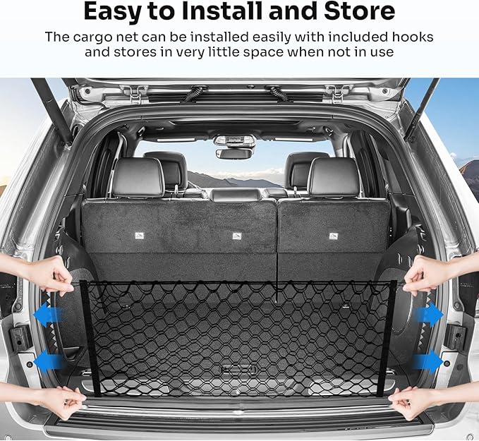 Trunk Cargo Net for 2011-2021 Jeep Grand Cherokee Accessories Envelope Style Mesh Trunk Net Organizer and Storage Stretchable Adjustable Elastic Nylon Rear Cargo Netting with Hooks