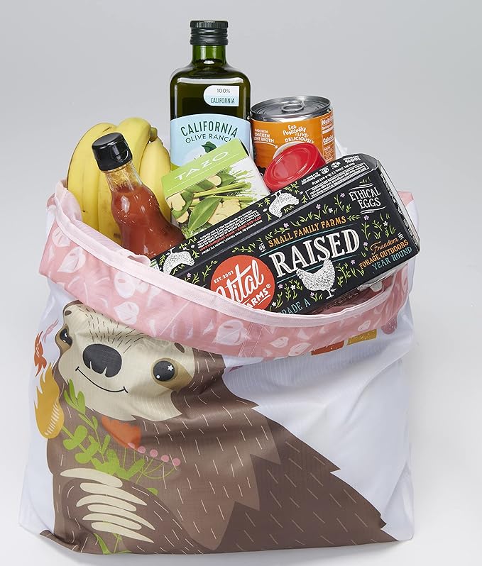 O-WITZ Reusable Grocery Bags | Vibrant Tote Bag For Groceries, Gym, Beach Gear, Toys & More | Washable Design With Large Handles For Maximum Convenience | Folds Into A Small Pouch, Sloth Hello