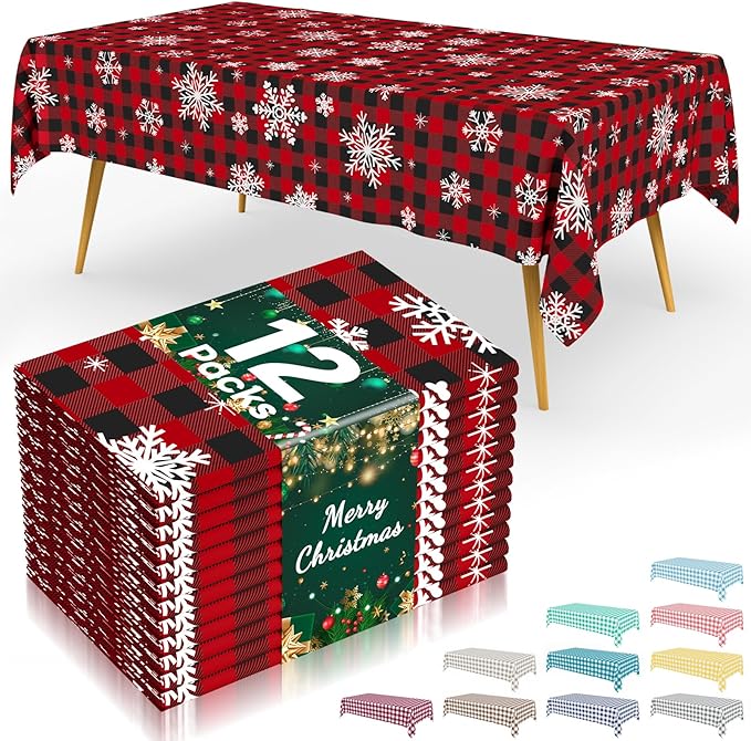 Smiry 12 Packs Buffalo Disposable Table Cloth, 54 x 108 Inch Waterproof Plastic Tablecloth, Rectangle Snowflake Red Checkered Table Covers for Picnic, Christmas, Birthday, Party