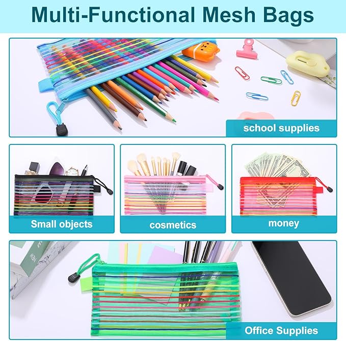 Leelosp 80 Pcs Mesh Zipper Pouch Bulk Back to School Pencil Storage Pouch Mesh Cosmetics Bags Toiletry Makeup Bags for Office Travel Organization(Elegant Color,9 x 4.7 Inch)