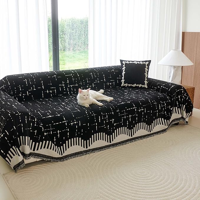 Boho Couch Cover for Dogs - Pet Proof Sofa Covers for 2 Cushion Couch, Non-Slip Chenille Sofa Slipcover, Pet Friendly Furniture Cover Fits Love Seat, 71"x118", Black