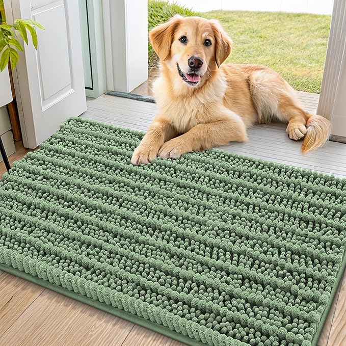 Smiry Dog Door Mat for Muddy Paws 36x24, Extra Soft Absorbent Chenille Doormat, Trap Moisture and Dirt, Non-Slip Machine Washable Front Door Mat for Indoor Entrance Inside Floor, Olive Green