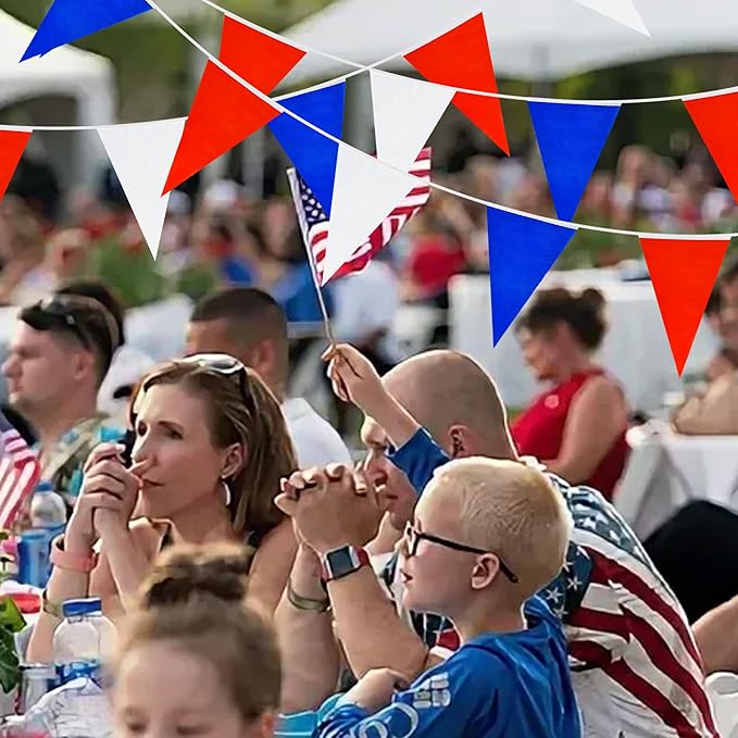 BEISHIDA 100ft 83pcs red White Blue Pennant Flags Banner,Reusable Bunting String Triangle Flags,Patriotic Theme New Year Party Decoration,Kids Birthday,Indoor and Outdoor Events