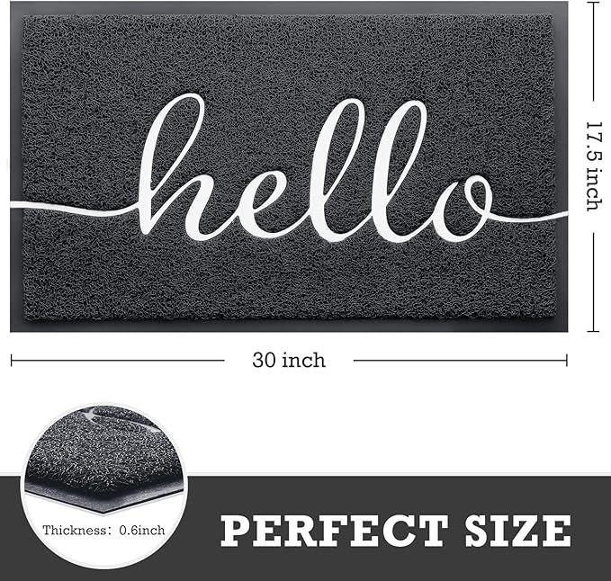 Door Mat Hello Mats Outdoor Indoor Non-Slip Doormat for Entryway Low-Profile Floor Mat for Yard, Garage, High Traffic Areas (30"x17.5", Black)