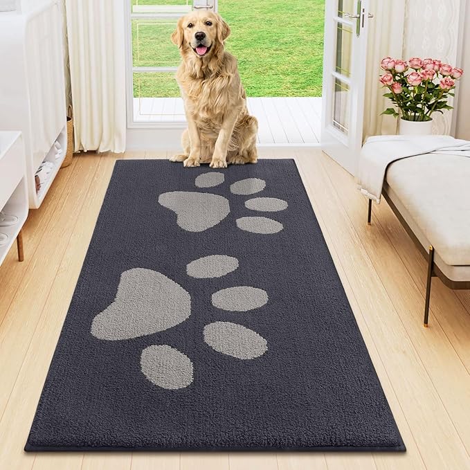 Smiry Dog Door Mat for Muddy Paws, Absorbs Moisture and Dirt, Low-Profile Entryway Mat with Non-Slip Backing, Entry Indoor Outdoor Doormat for Inside Floor (47x24 Inches, Dark Grey, Paw)
