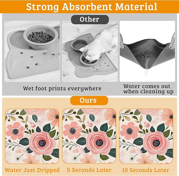 Dog Bowl Mat,Blooming Flowers Pet Feeding Mat for Floors Waterproof,Peonies Roses Absorbent Dogs Placemat for Food and Water Quick Dry Pet Cat Feeding Mats with Non Slip Bottom 16" x 24"