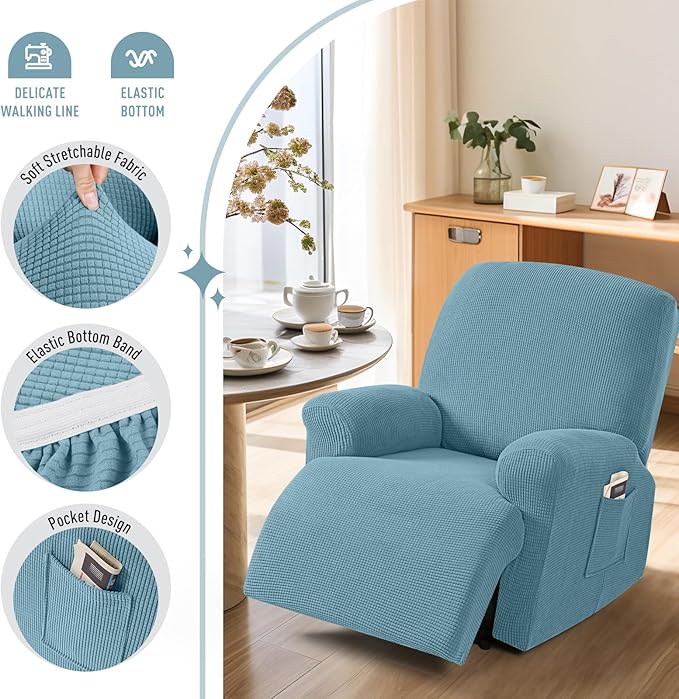 TAOCOCO Recliner Cover 4-Pieces, Recliner Stretch Sofa Slipcover, Recliner Cover 1 Seat, Couch Protector Soft, Furniture Protector Covers with Elastic,Chair Covers Jacquard Pattern (Dusty Blue)