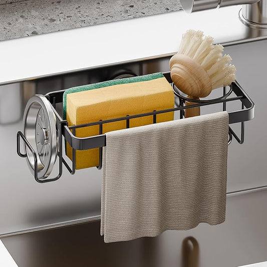 TAILI Sponge Holder with Strong Suction Cup, 4-in-1 Rustproof Sink Organizer - Sink Caddy Holds Sponges, Brushes, Stoppers & Scrapers - Black