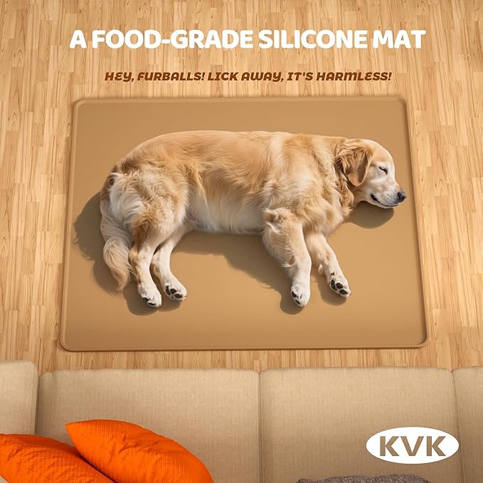 Extra Extra Large Silicone Dog Food Mat 39.4×43.3in and 128oz Silicone Bag Set, Super Size Waterproof Pet Feeding Mat & Container, Non-Slip, Chew-Resistant Floor Protection (Taupe&Orange)