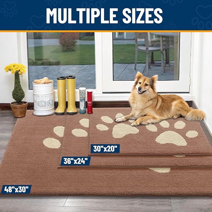Smiry Dog Door Mat for Muddy Paws, Absorbs Moisture and Dirt, Low-Profile Entryway Mat with Non-Slip Backing, Entry Indoor Outdoor Doormat for Inside Floor (30x20 Inches, Camel, Paw)