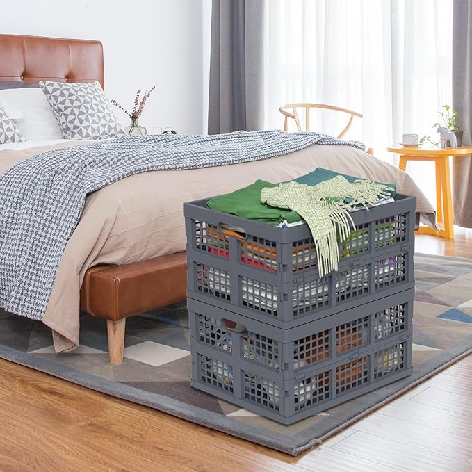AnnkkyUS 4-Pack Folding Storage Bin, 32 Liter Plastic Collapsible Crates