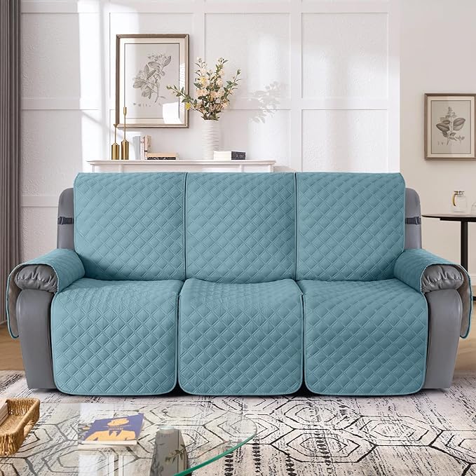 TAOCOCO 100% Waterproof Recliner Couch Covers, Recliner Sofa Covers with Leg Straps, 1-Piece Washable Reclining Sofa Cover with Pocket Couch Protector for Pets Kids(3 Seater, Sky Blue)